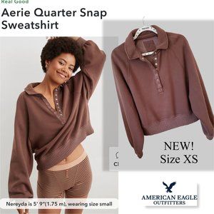 NEW! AE Aerie Real Good Fleece Quarter Snap Sweatshirt Bubble Sleeves Brown XS